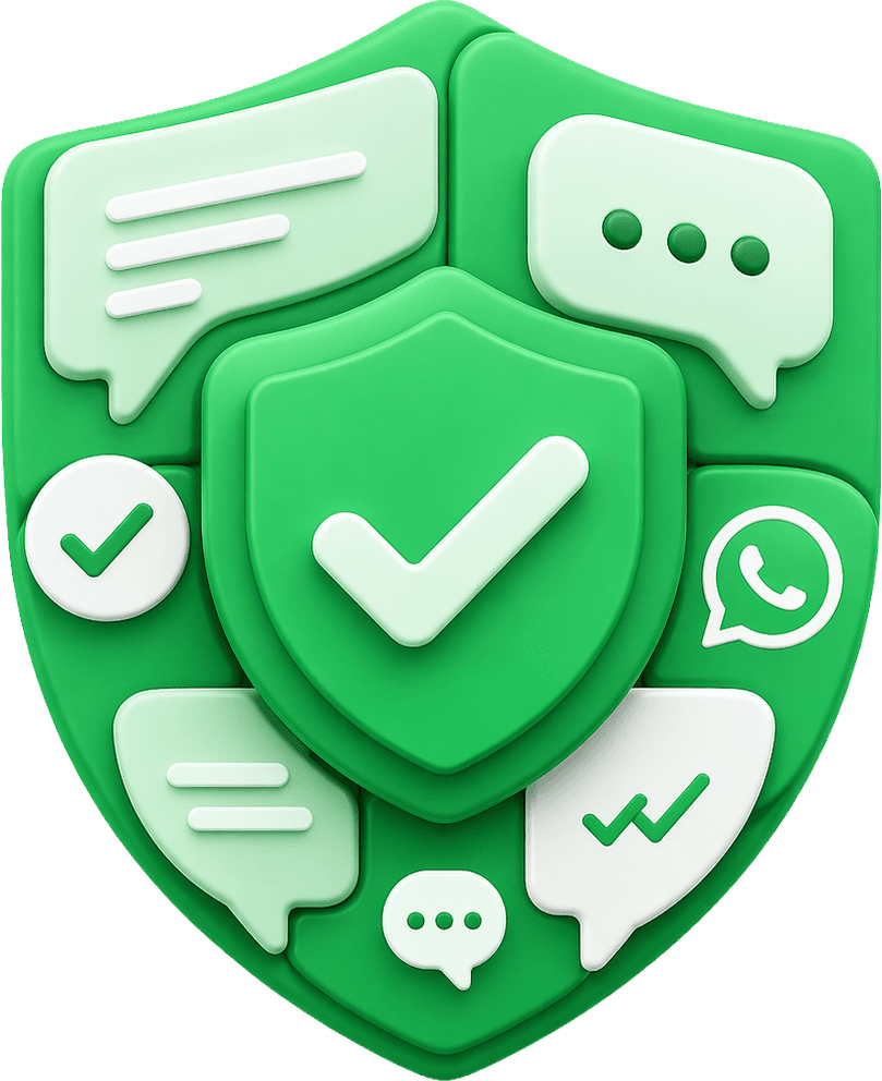 Floating shield composed of chat bubbles, checkmarks, and messaging symbols representing trust and protection.