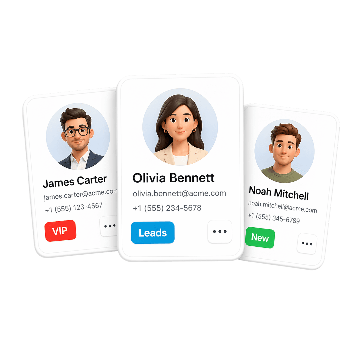 Grouped CRM contact cards for VIP Customers, New Leads, and Returning Buyers.